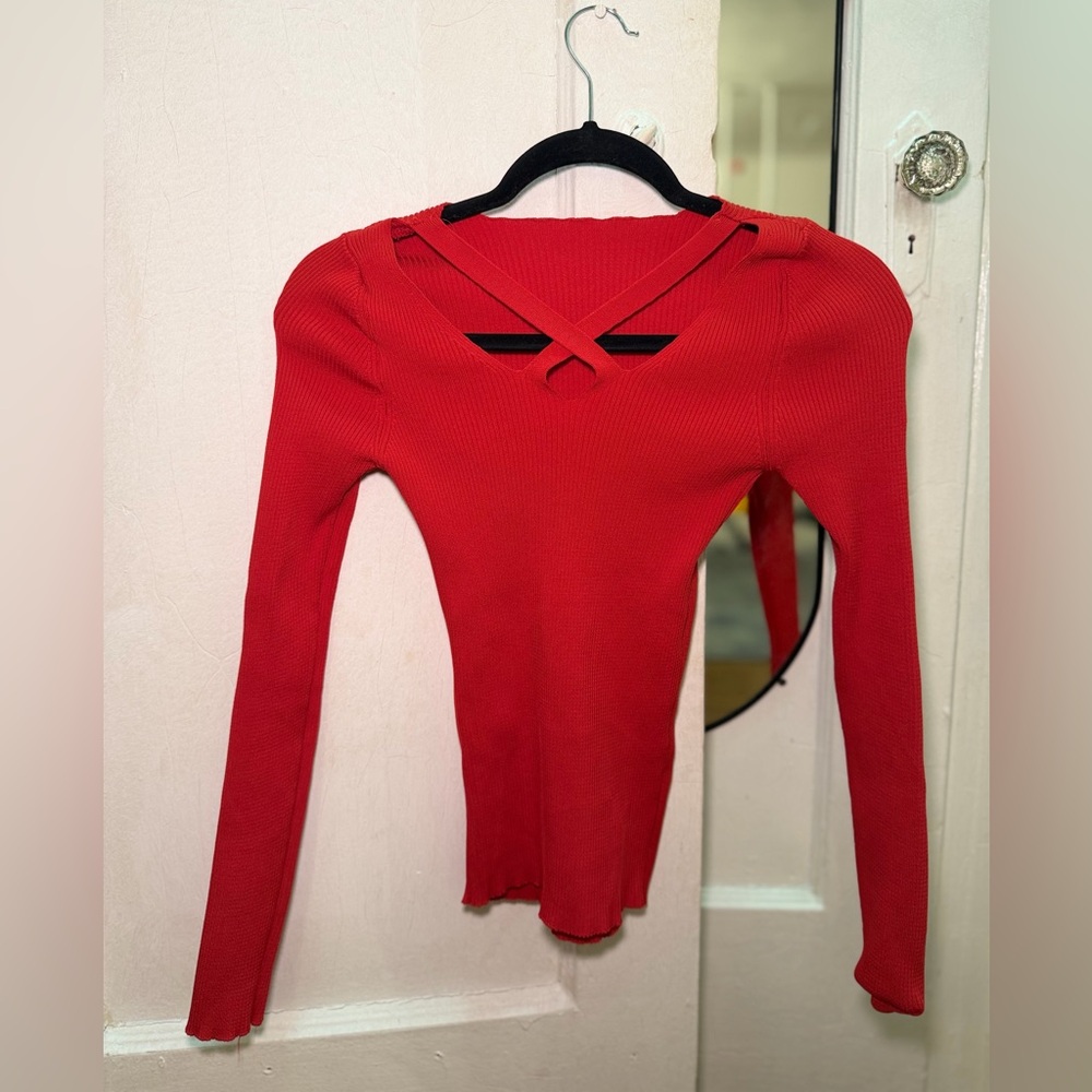 Red Long-Sleeve Ribbed V-Neck Top with Crisscross Detail